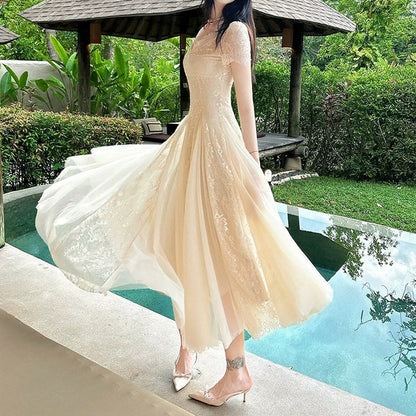 French Lace Tulle Gown Dress – Resort Elegant Long Dress