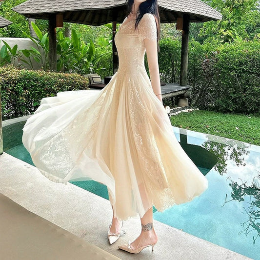 French Lace Tulle Gown Dress – Resort Elegant Long Dress