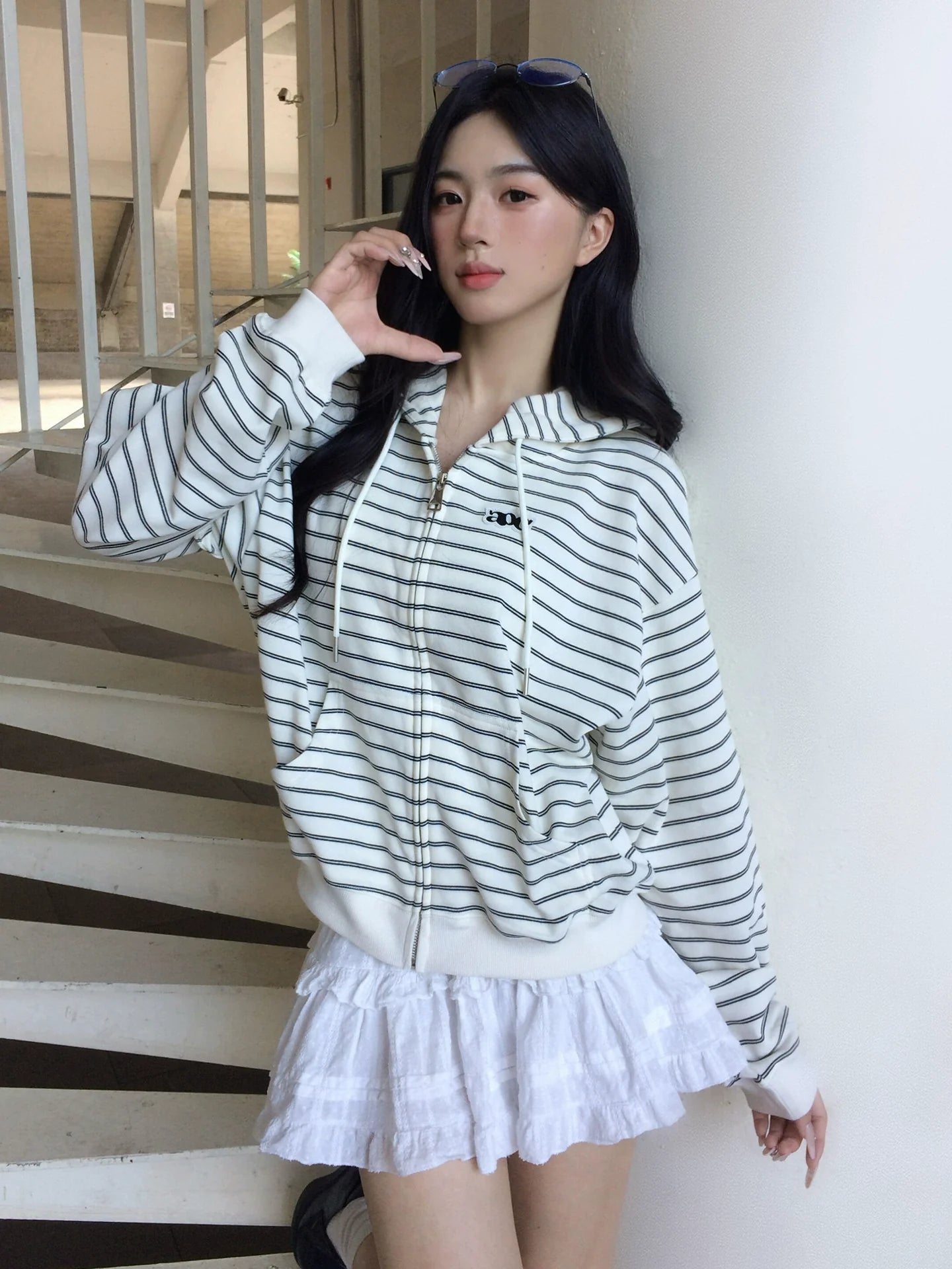 Korean Lazy Chic Striped Hoodie Cropped Zip-Up Sweatshirt