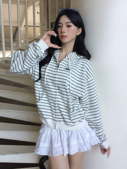 Korean Lazy Chic Striped Hoodie Cropped Zip-Up Sweatshirt