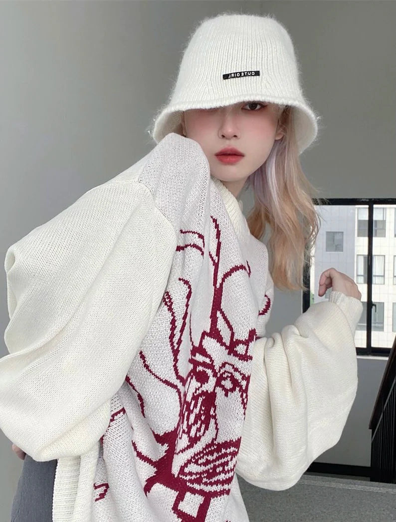 Apricot-White Y2K Punk Retro Jacquard Sweater