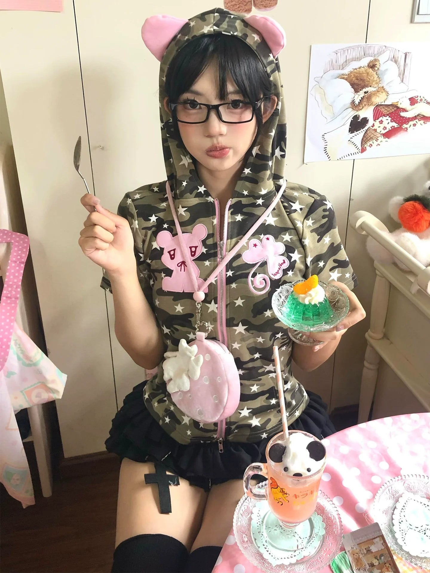 Y2K Bear Ears Hoodie Tee Camouflage Zip-Up Cropped Top