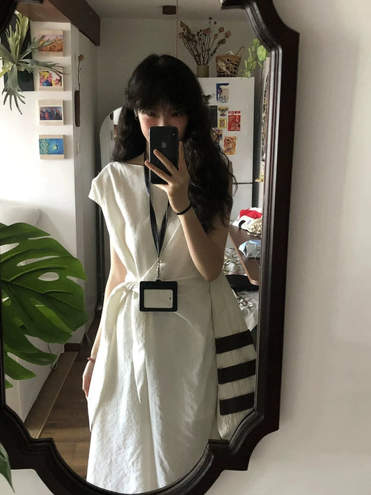 White Cinched-Waist Tank Dress