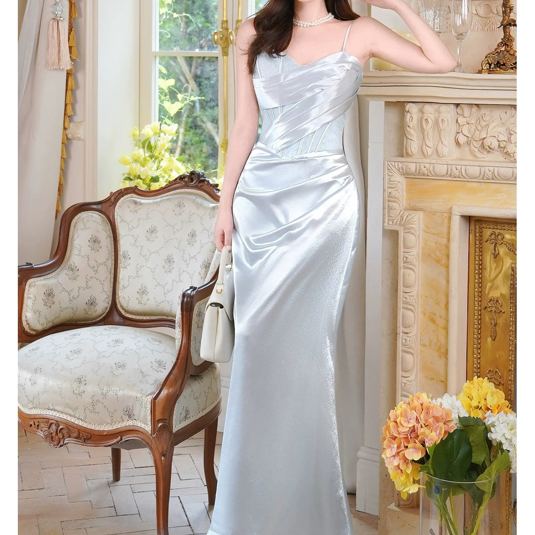 French Lace Satin Sleeveless Gown Dress