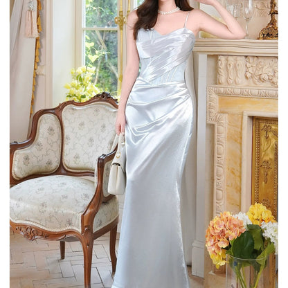 French Lace Satin Sleeveless Gown Dress