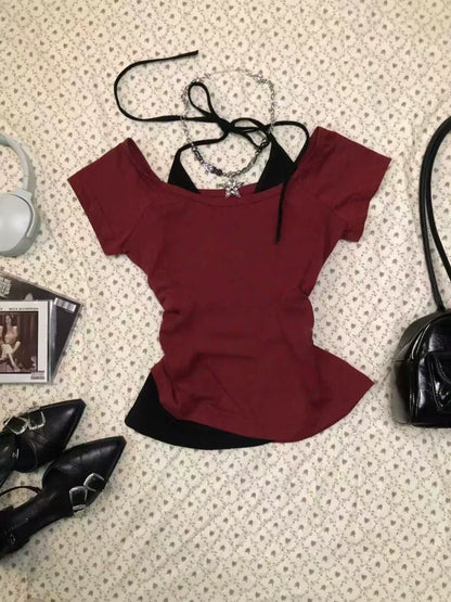 Red American Vintage Fake Two-Piece Halter Tie Y2K T-Shirt