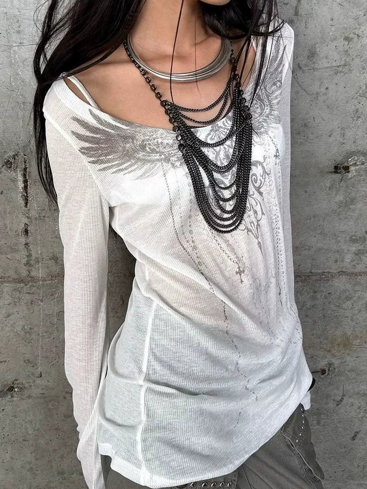 White Cutout Print Light Subculture Punk Y2K E-girl American Retro Long Sleeve Top