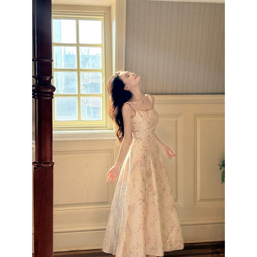 French Princess Floral Square Neck Spaghetti Strap Gown Dress