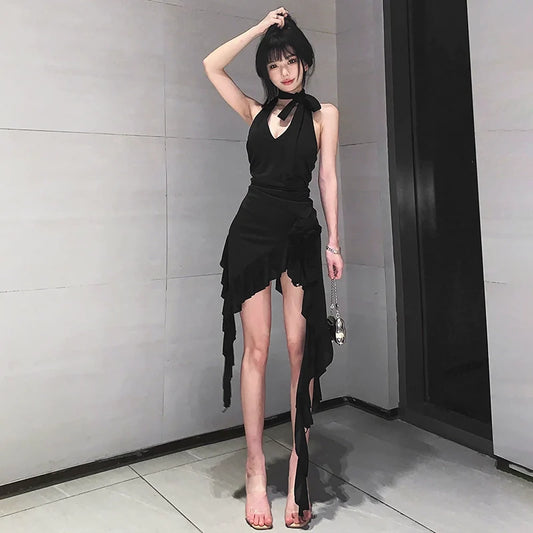 Sexy Tie-Waist V-Neck Ruffle-Paneled Asymmetrical Mini Dress