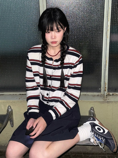 Korean Lazy Stripe Knit Cardigan Vintage College Top