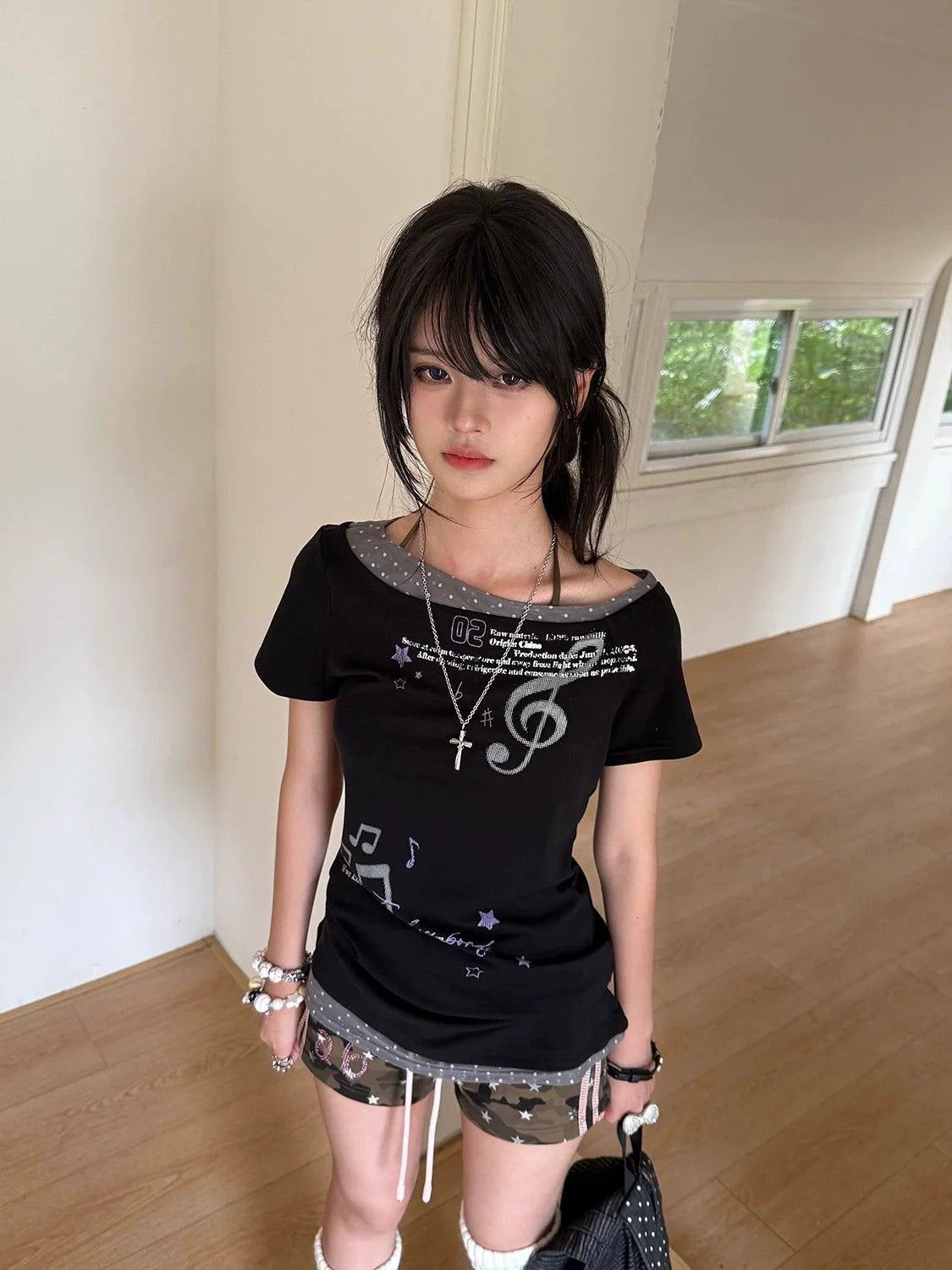 Music Purple Wave Fake Two-Piece Subculture Y2K E-girl Light Subculture American Retro Print Short Sleeve Top