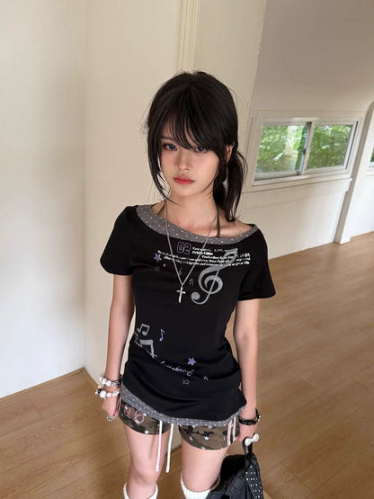 Music Purple Wave Fake Two-Piece Subculture Y2K E-girl Light Subculture American Retro Print Short Sleeve Top