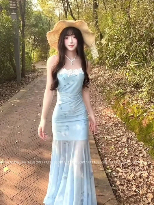 French Blue Floral Camisole Pure Desire Waist-Cinched Mermaid Maxi Dress