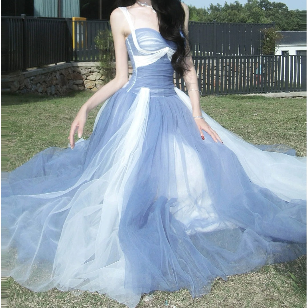French Tulle Splice Spaghetti Strap Gown Dress – Colorblock Puff Skirt