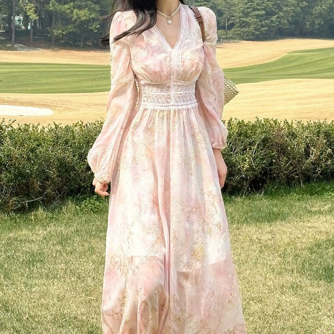 Embroidered Lace Floral Pink Gown Dress