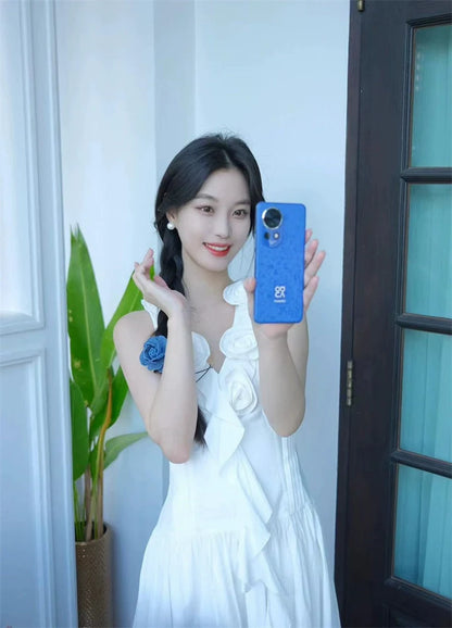 White Sleeveless Midi Dress With 3D Flowers & Ruffles