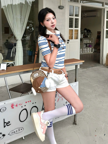 American Striped Polo Tie-Up Cropped Shirt Structured Shoulder Slim Fit Short Sleeve Top