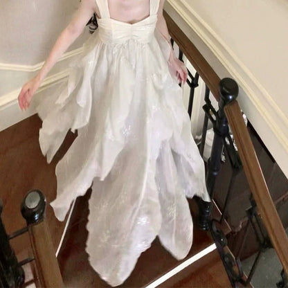 French White Embroidered Spaghetti Gown Dress