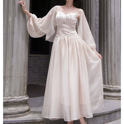 French Waist Spaghetti Strap Loose Chiffon Set Gown Dress