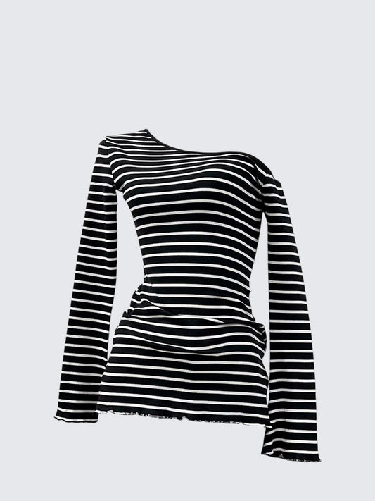 Korean Ruffle Shoulder Striped Top