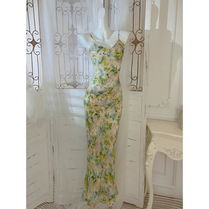 Artist’s Oil Paint Modern Chinese Floral Spaghetti Strap Gown Dress