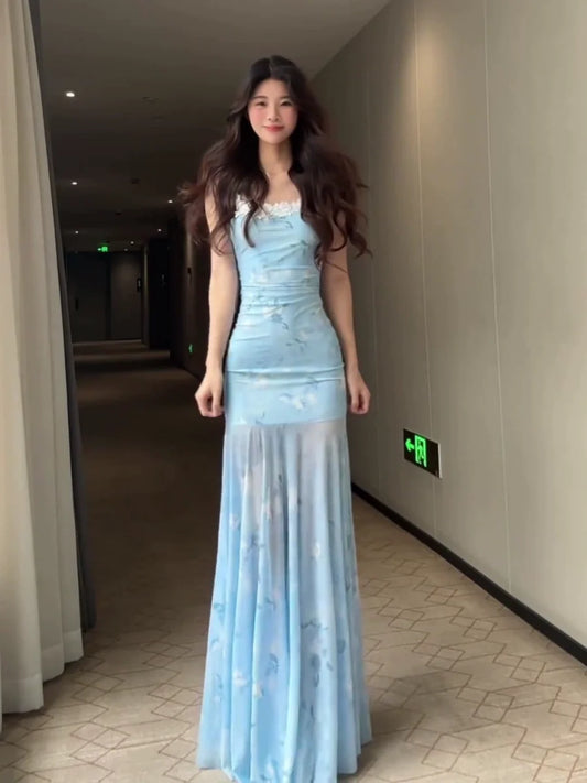 French Blue Lace Tulle Camisole Mermaid Bodycon Maxi Dress