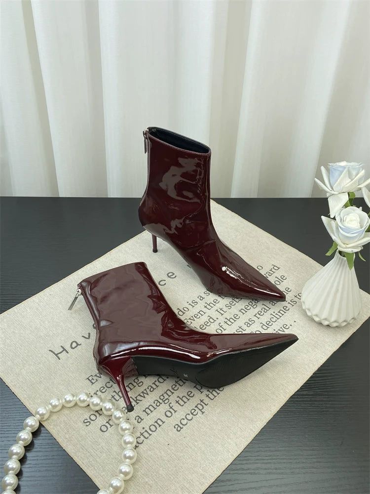 European Style Pointed Toe Patent Leather Red Ankle Boots Spring Autumn Slimming Thin Heel Short Calf Slim Boots Ankle Boots
