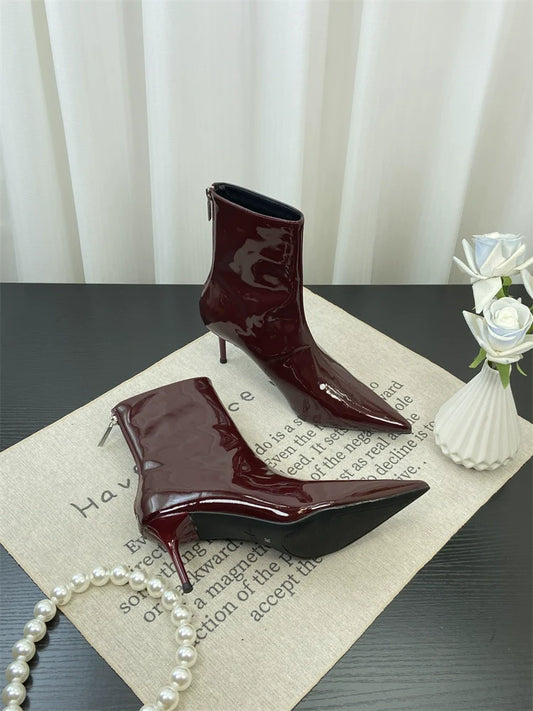 European Style Pointed Toe Patent Leather Red Ankle Boots Spring Autumn Slimming Thin Heel Short Calf Slim Boots Ankle Boots