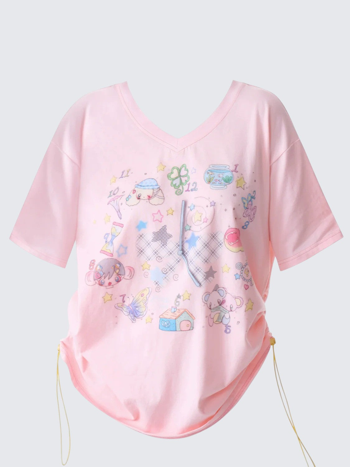 American Loose Cartoon Print V-Neck T-Shirt