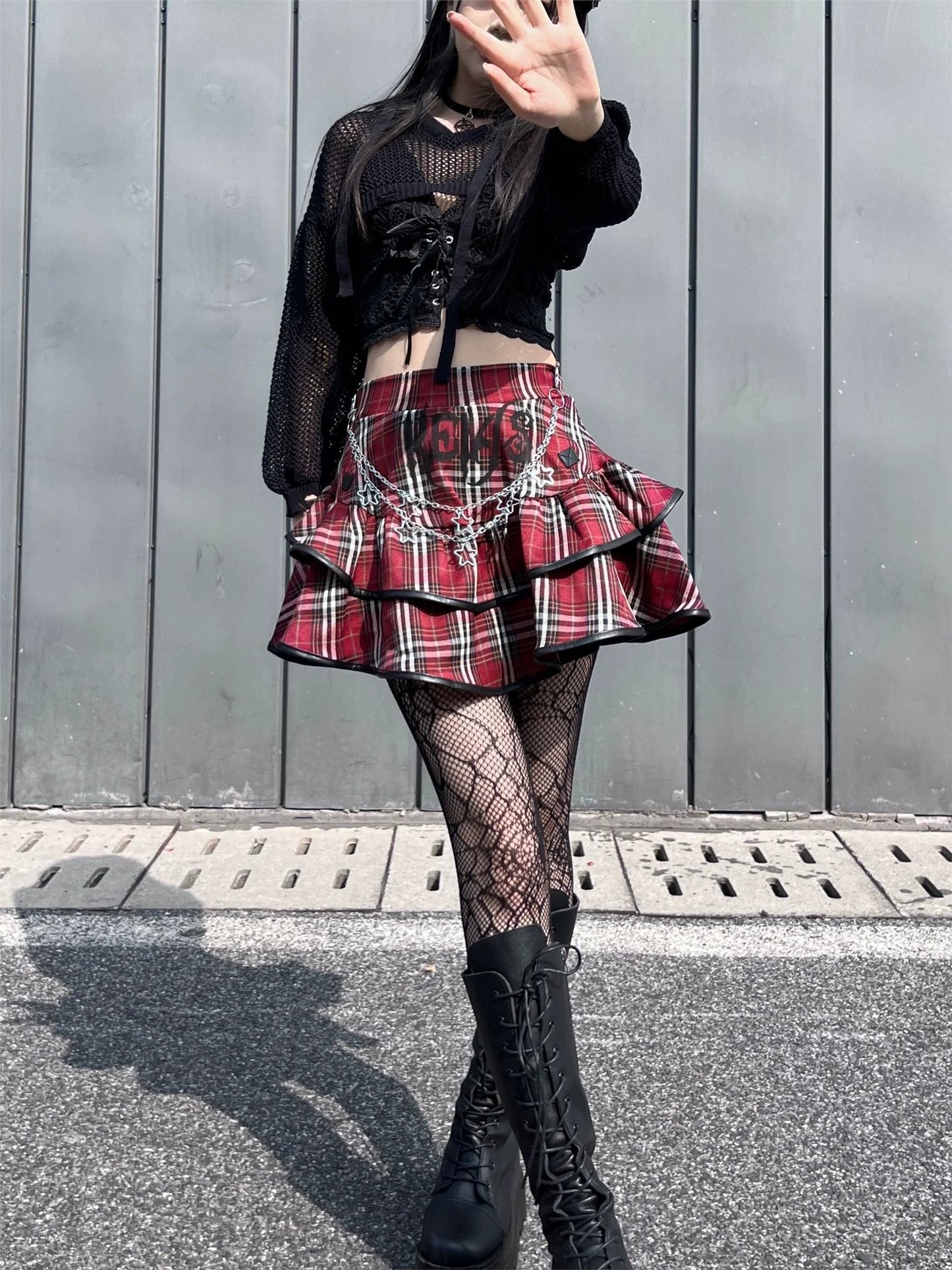 Plaid Cake Skirt [With Chain] Subculture Punk Y2K E-girl Gothic Rock Retro High-Waisted Short Skirt