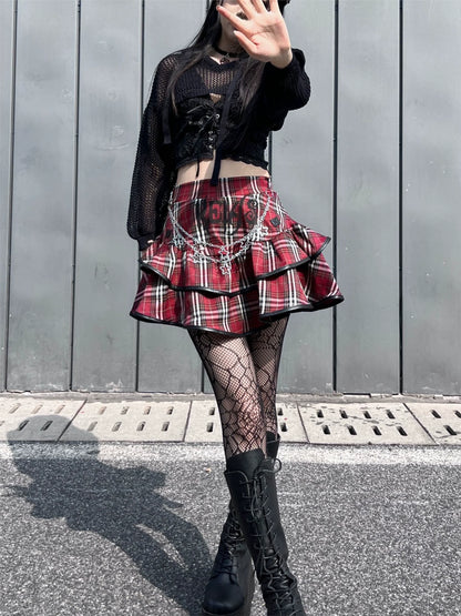 Plaid Cake Skirt [With Chain] Subculture Punk Y2K E-girl Gothic Rock Retro High-Waisted Short Skirt