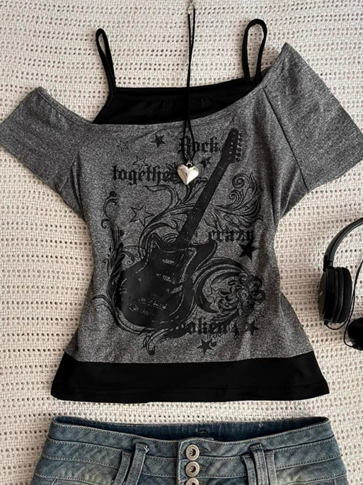 Black Subculture Rock Punk Fake Two-Piece Guitar Print Off-Shoulder Y2K T-Shirt