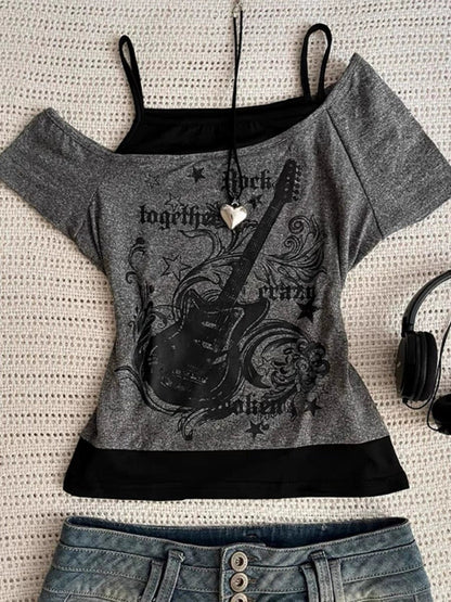 Black Subculture Rock Punk Fake Two-Piece Guitar Print Off-Shoulder Y2K T-Shirt