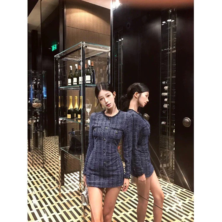 French Chic Tweed-Print Long-Sleeve Bodycon Waist-Cinched Dress