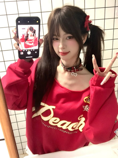 American Red Slanted Shoulder Hoodie Autumn Retro Letter Print Loose Fit Spicy Girl Top