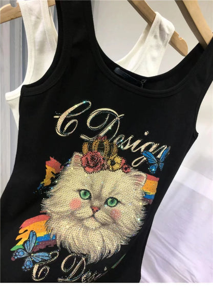 Black Punk Heavy Rhinestone Cat Y2K Tank Top