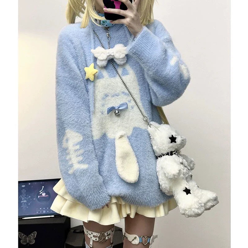 Aqua Y2K Anime Ghost Cat Faux Mink Hooded Sweater