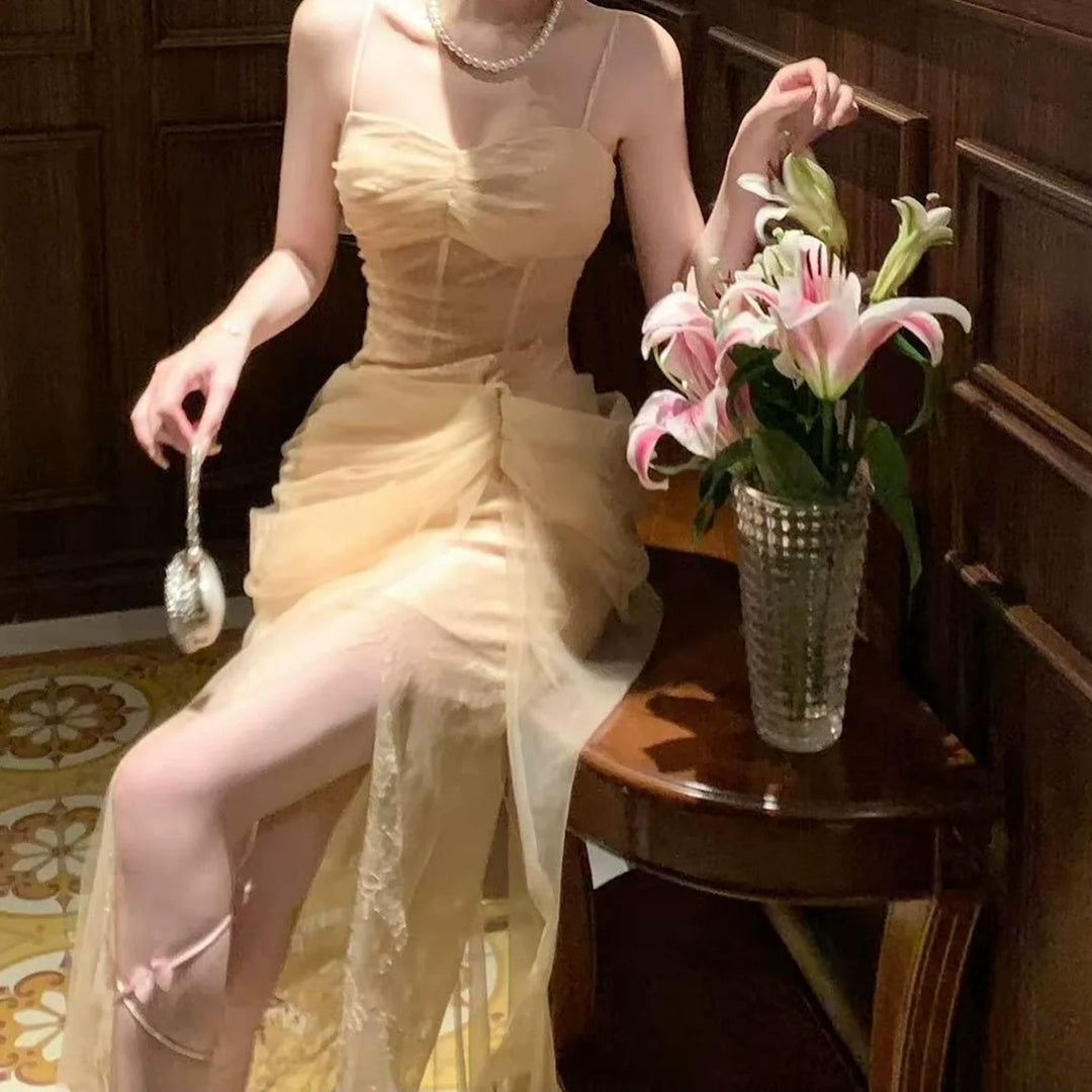 French Lace Bone Spaghetti Waist Gown Dress