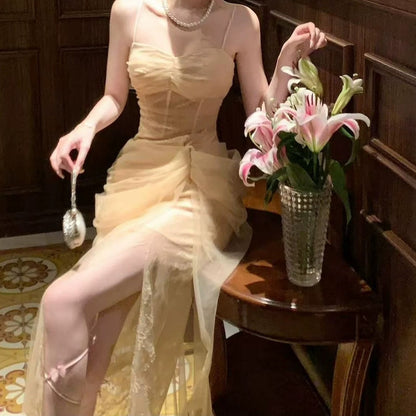 French Lace Bone Spaghetti Waist Gown Dress