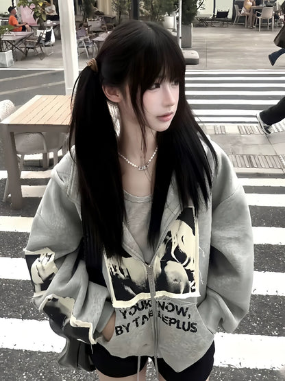 High Street Patch Embroidered Zip Up Hoodie Heavyweight Streetwear Top