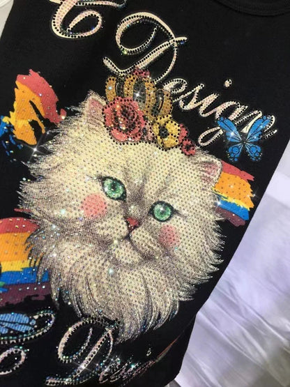 Black Punk Heavy Rhinestone Cat Y2K Tank Top