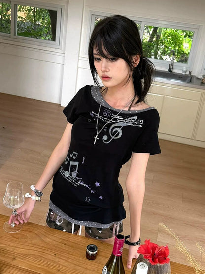 Y2K Light Asia Slanted Shoulder Polka Dot Tee Summer Fake Layer Sweet Spicy Girl Top