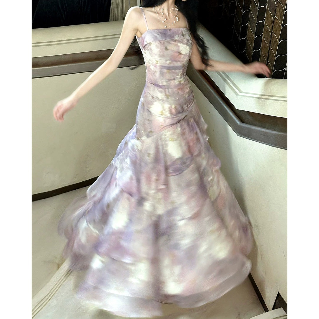 Purple Floral Ruffle Halter Gown Dress