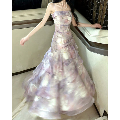 Purple Floral Ruffle Halter Gown Dress