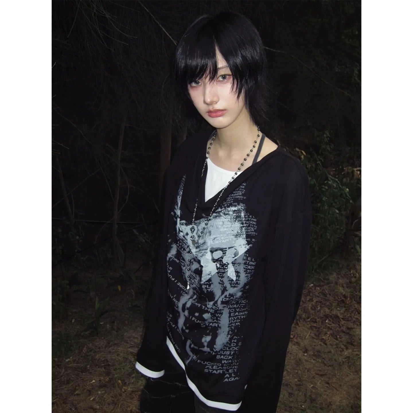 Layered Drape Neck Long Sleeve T Shirt Y2K Visual Kei Punk Top