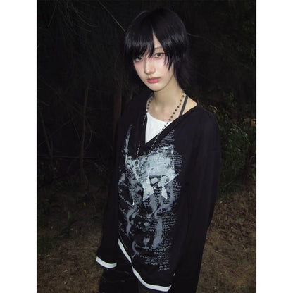 Layered Drape Neck Long Sleeve T Shirt Y2K Visual Kei Punk Top