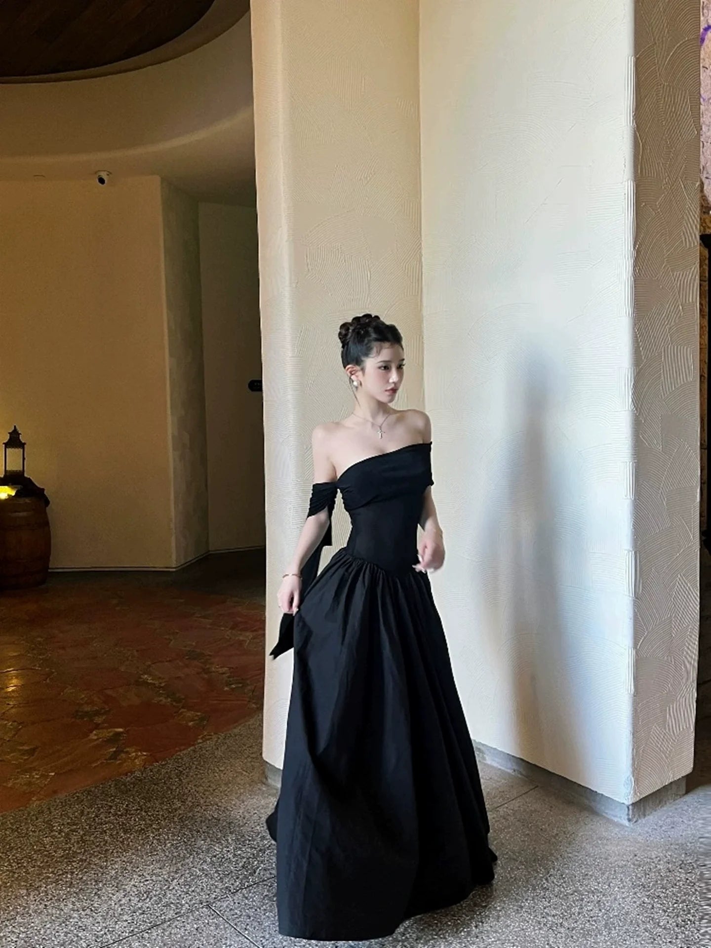 Black Off-The-Shoulder Sash-Detailed Maxi Dress