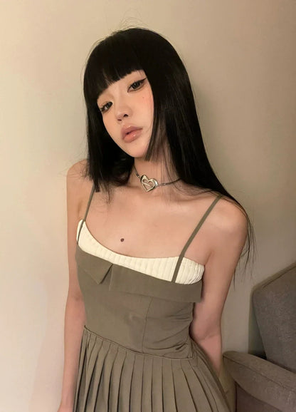 90s Retro Brown Camisole Pleated A-Line Mini Dress