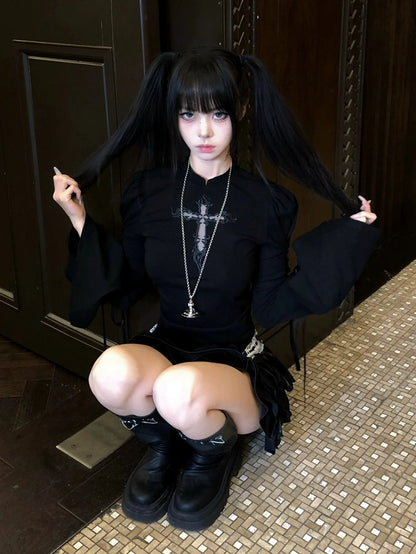 Y2K Flared Embroidered Lace-Up Long Sleeve Top for Early Autumn