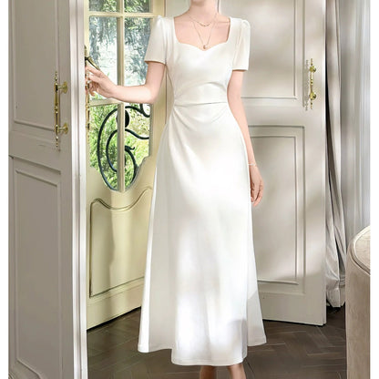 White Luxury Square Neck Gown Dress – French Waist Fitted Dress